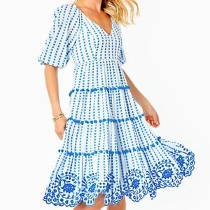 Lilly Pulitzer Sidney Midi Dress Gingham Striped Jacquard Embroidery Blue